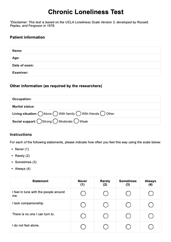 Chronic Loneliness Test PDF Example