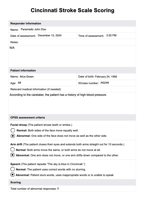 Cincinnati Stroke Scale Scoring PDF Example