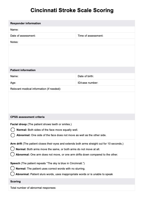 Cincinnati Stroke Scale Scoring PDF Example