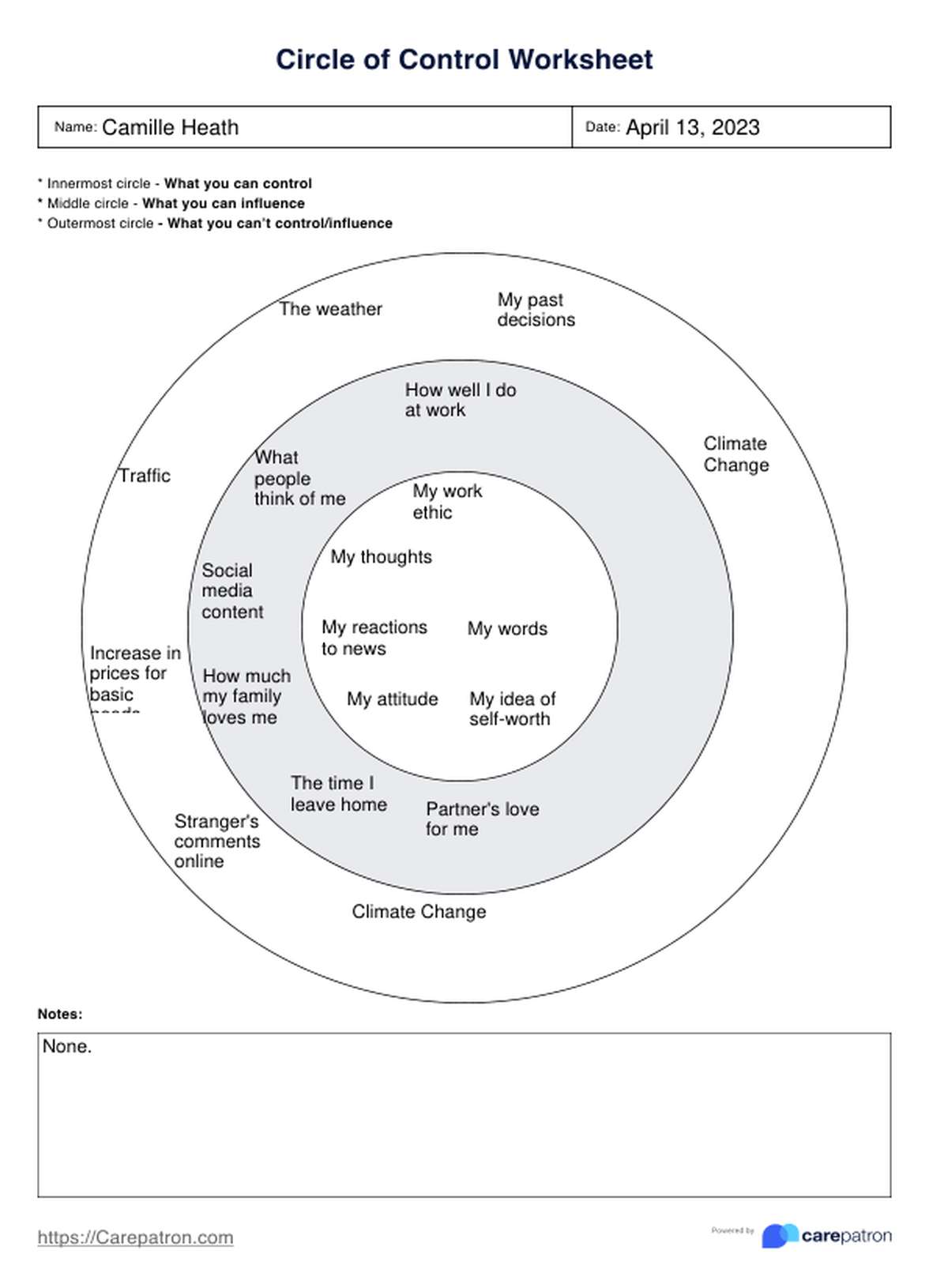 Circle Of Control Worksheet PDF Example