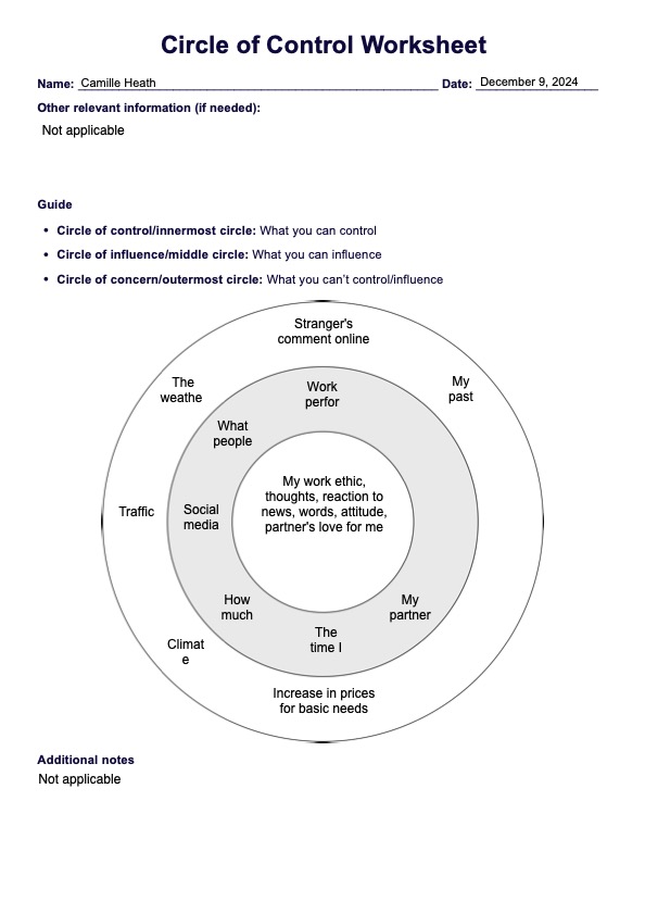 Circle Of Control Worksheet PDF Example