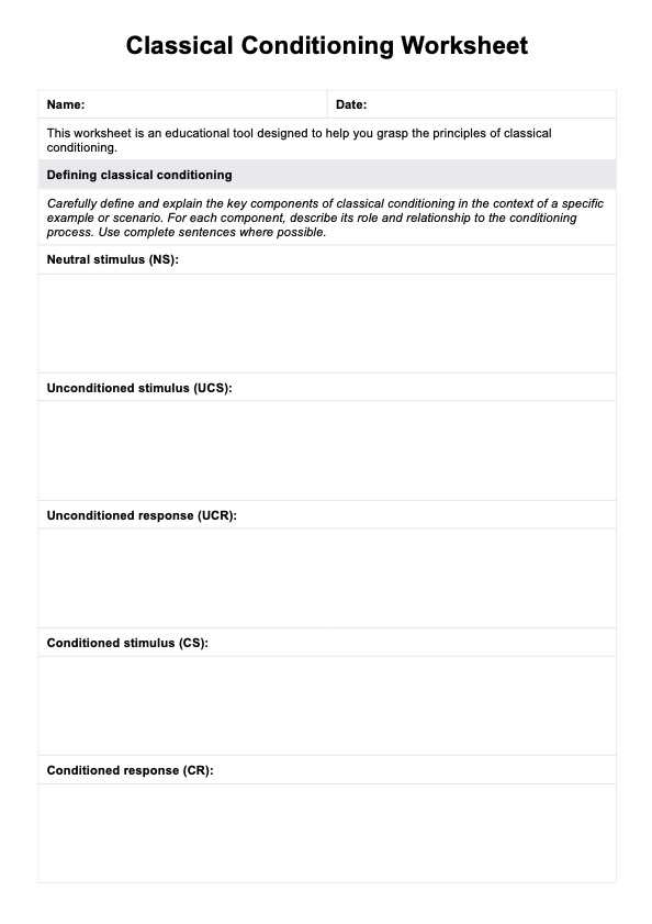 Classical Conditioning Worksheet PDF Example