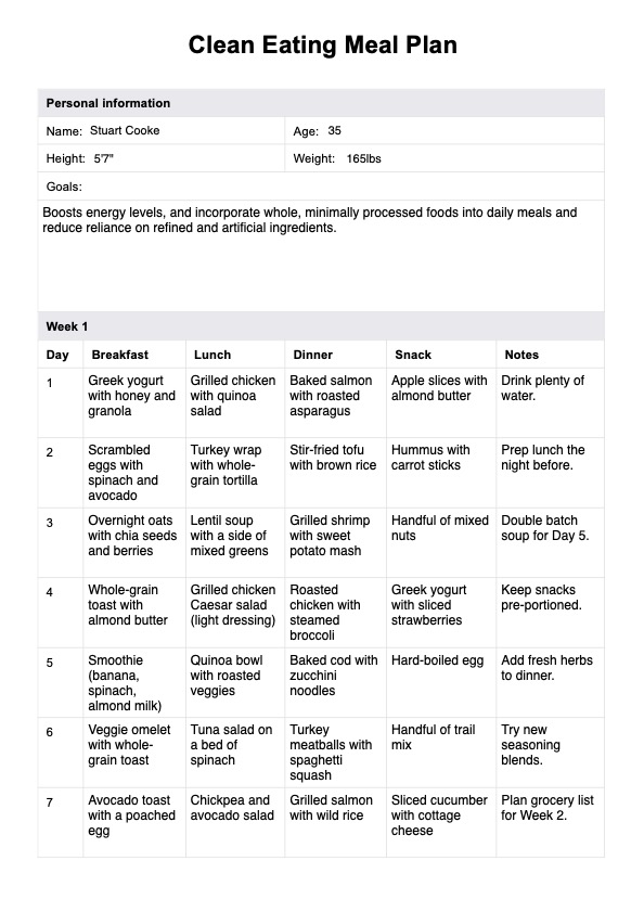 Clean Eating Meal Plan PDF Example