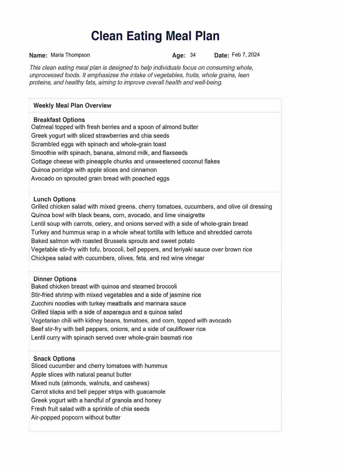 Clean Eating Meal Plan PDF Example