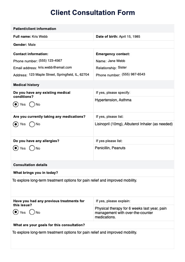 Formulario de consulta del cliente PDF Example