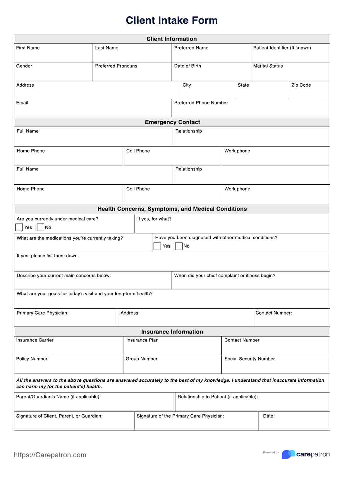 Client Intake Form Template PDF Example
