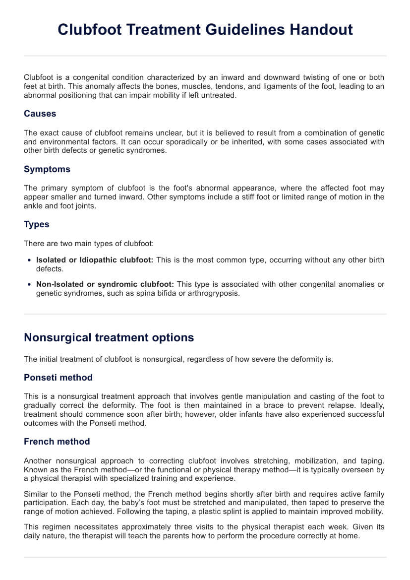 Clubfoot Treatment Guidelines Handout PDF Example