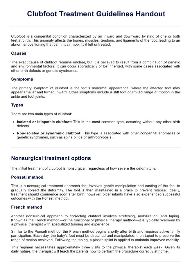 Clubfoot Treatment Guidelines Handout PDF Example