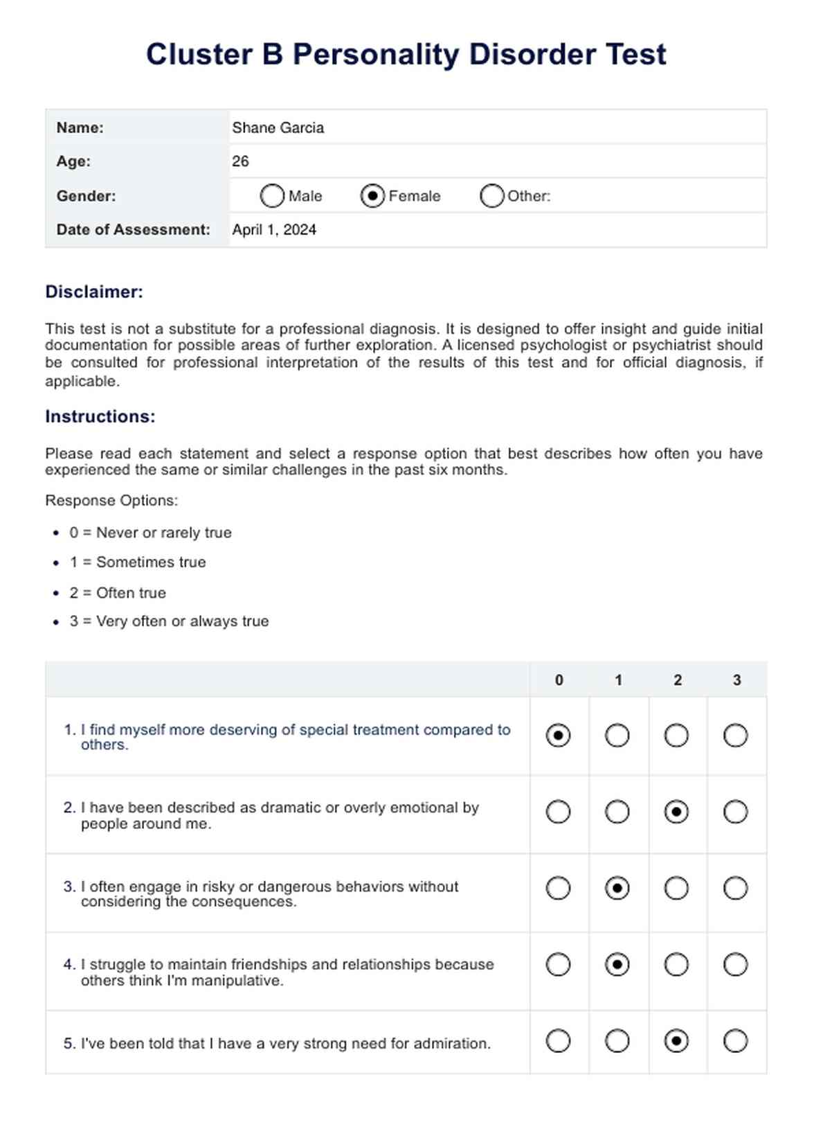 Cluster B Personality Disorder Test PDF Example