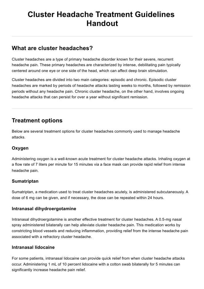Cluster Headache Treatment Guidelines Handout PDF Example