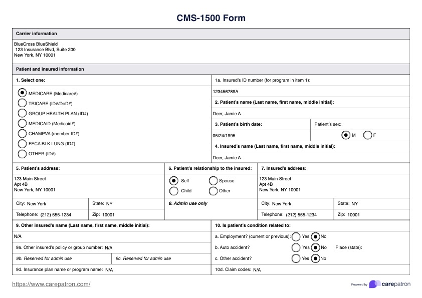 Formulario de CMS 1500 (centros de servicios de medicare y medicaid) PDF Example