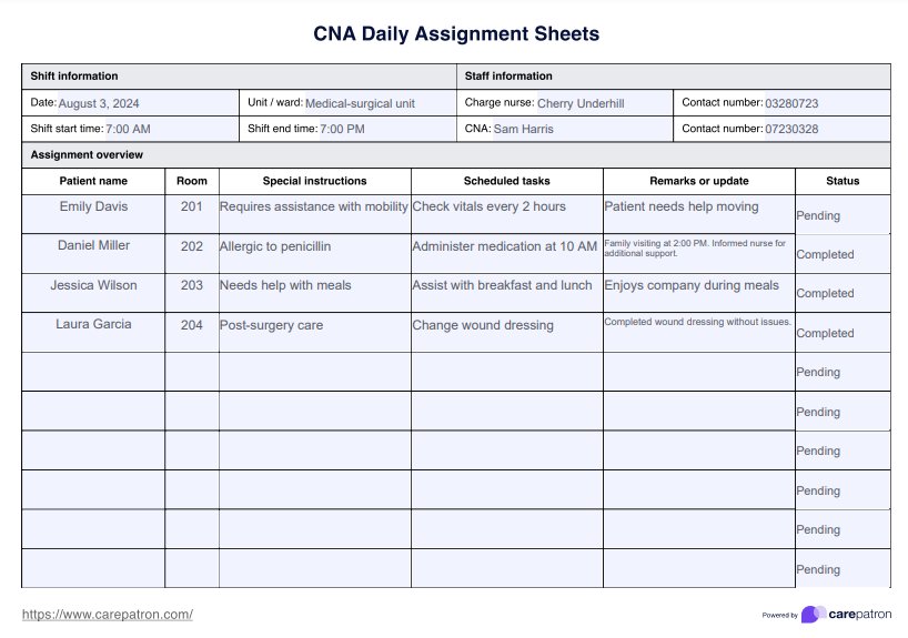 CNA dagelijkse opdrachtbladen PDF Example