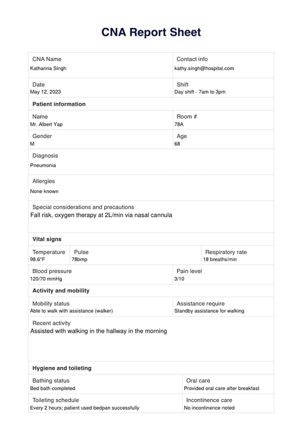 CNA Report Sheet PDF Example