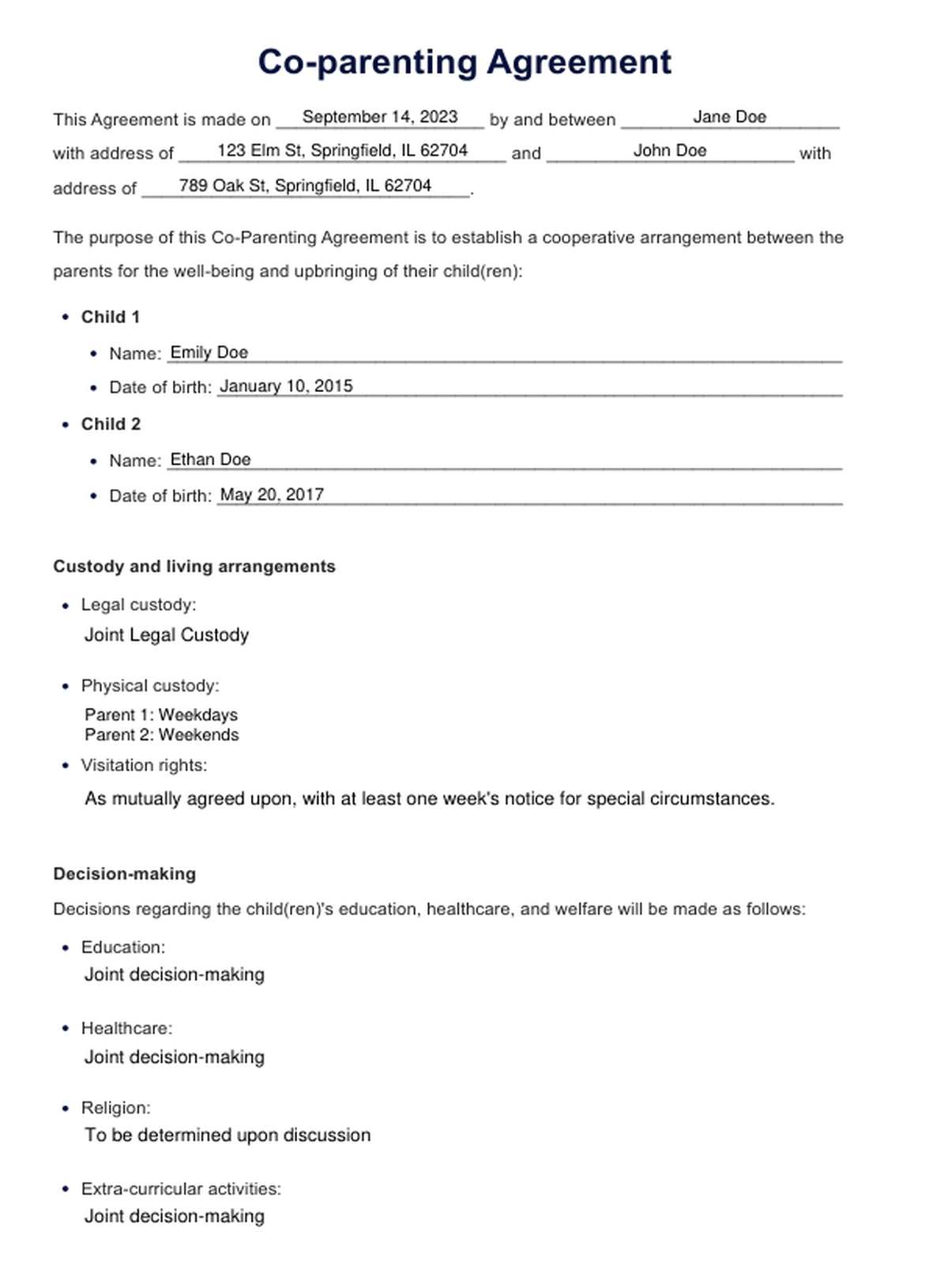 Co-Parenting Agreement Templates PDF Example