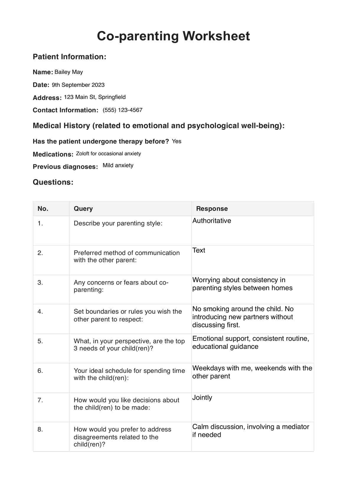 Co-parenting Worksheets PDF Example