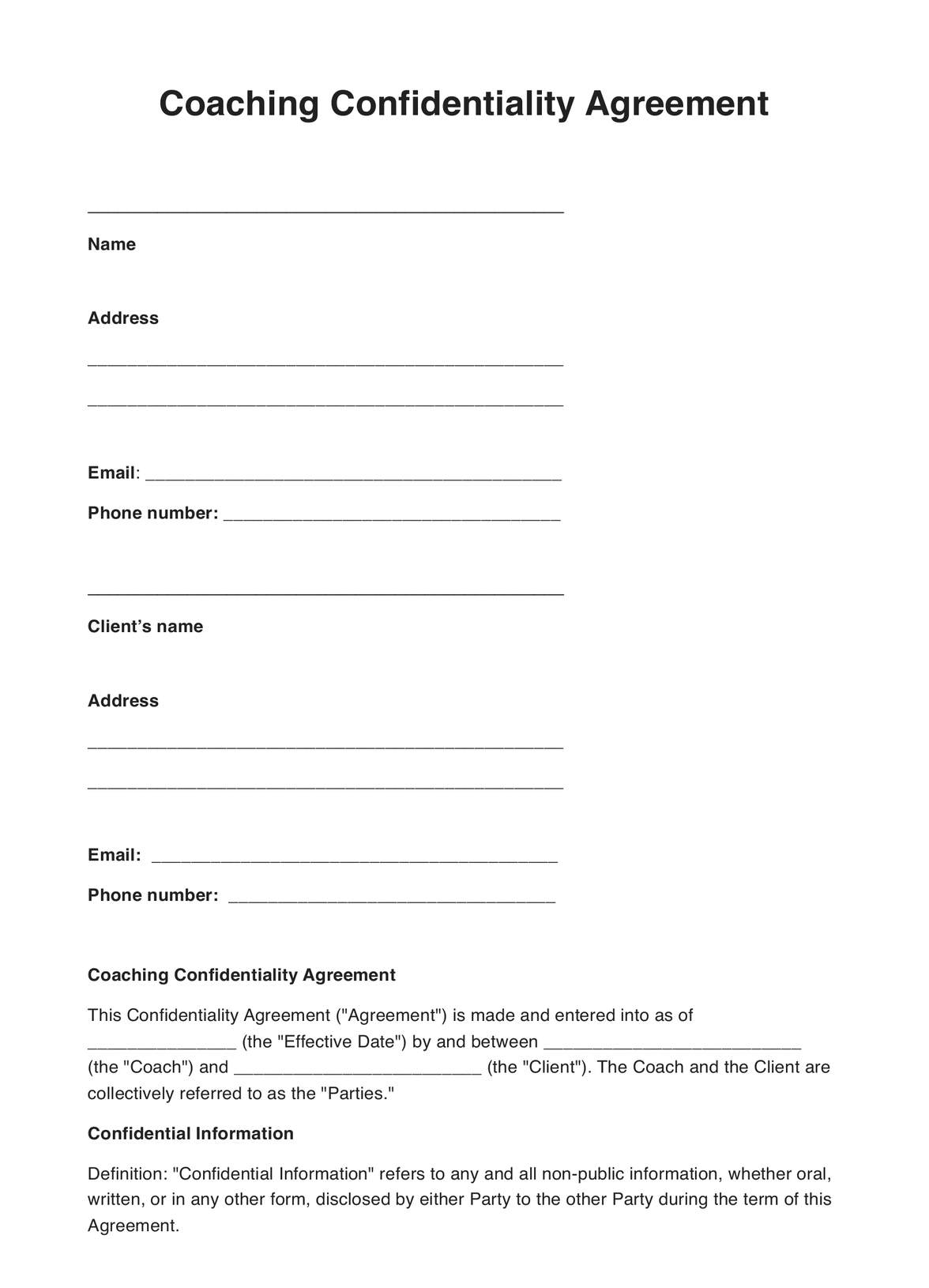 Coaching Confidentiality Agreements PDF Example