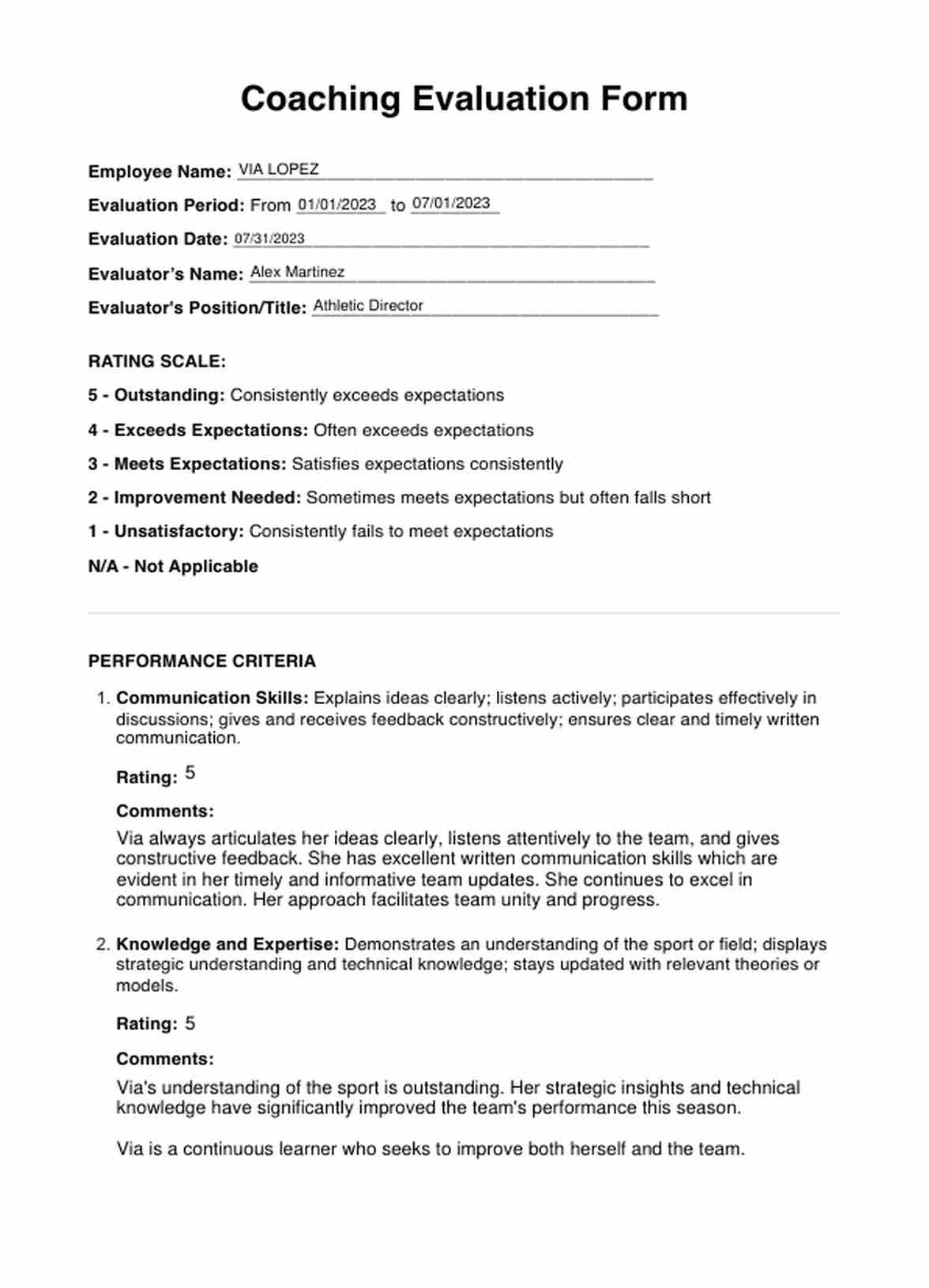 Coaching Evaluation Form PDF Example