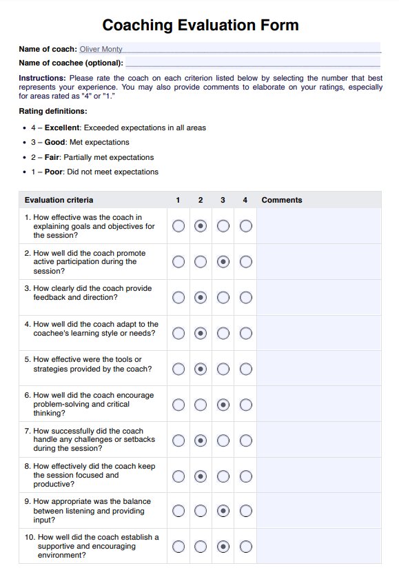 Coaching Evaluation Form PDF Example