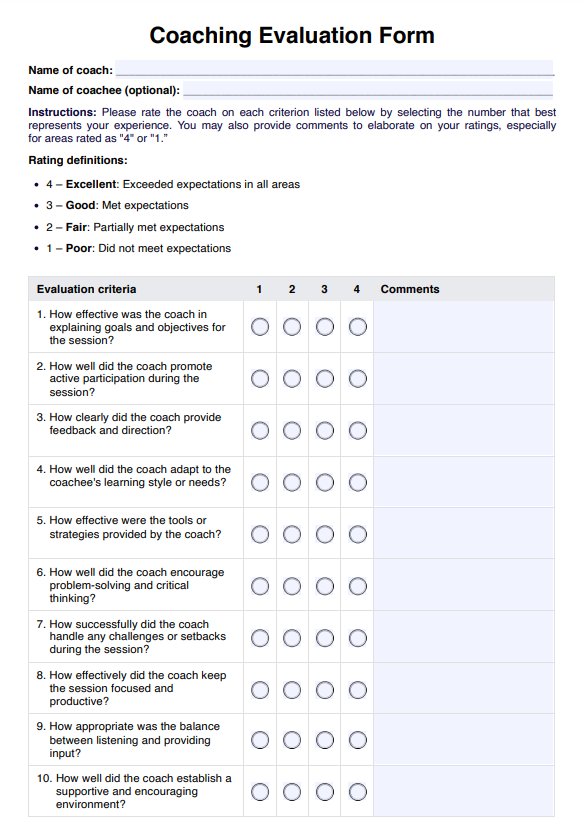 Coaching Evaluation Form PDF Example