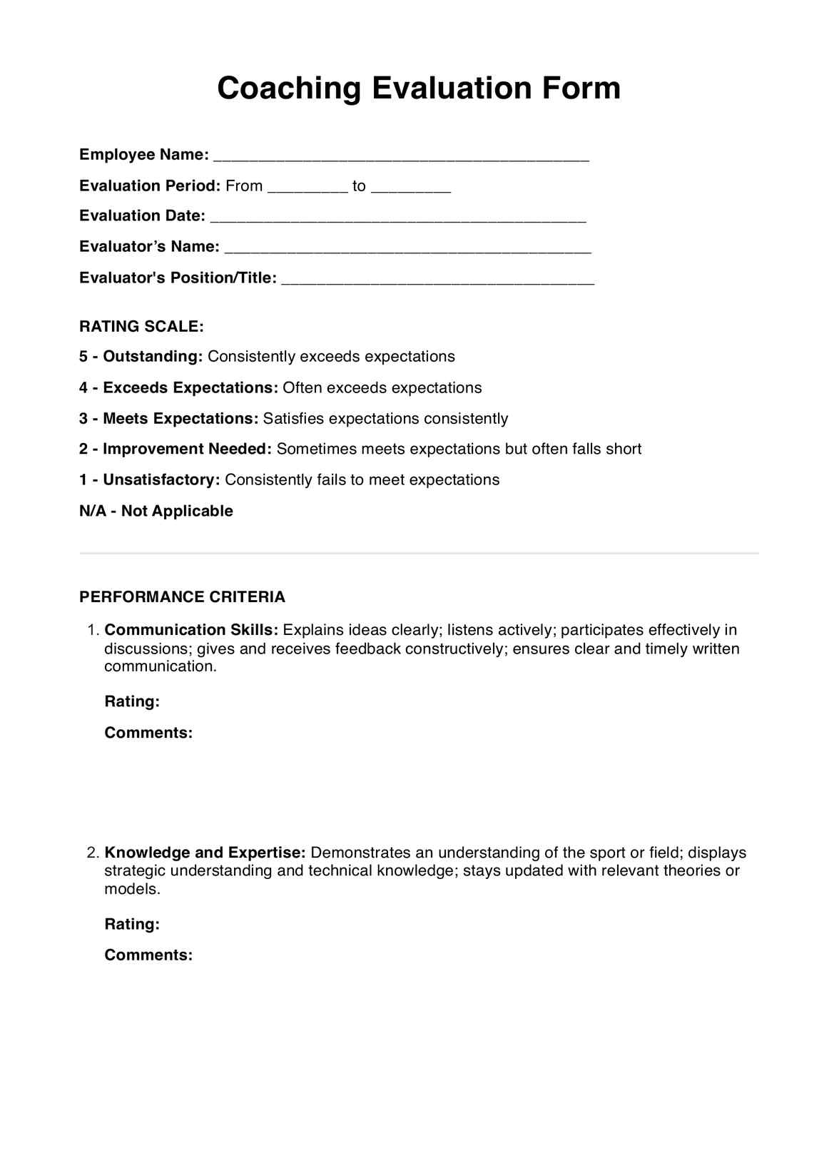 Coaching Evaluation Form PDF Example