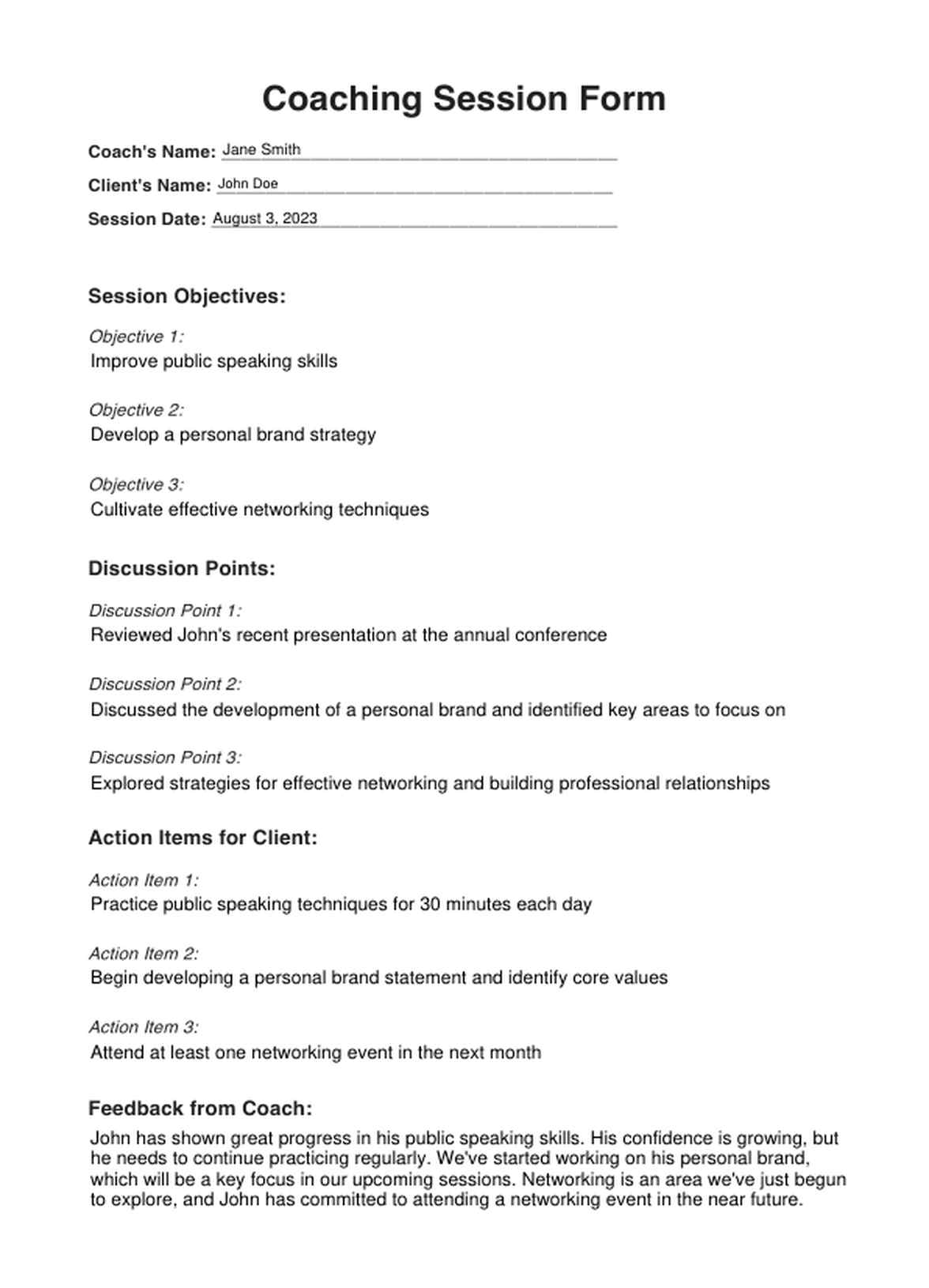 Coaching Form PDF Example
