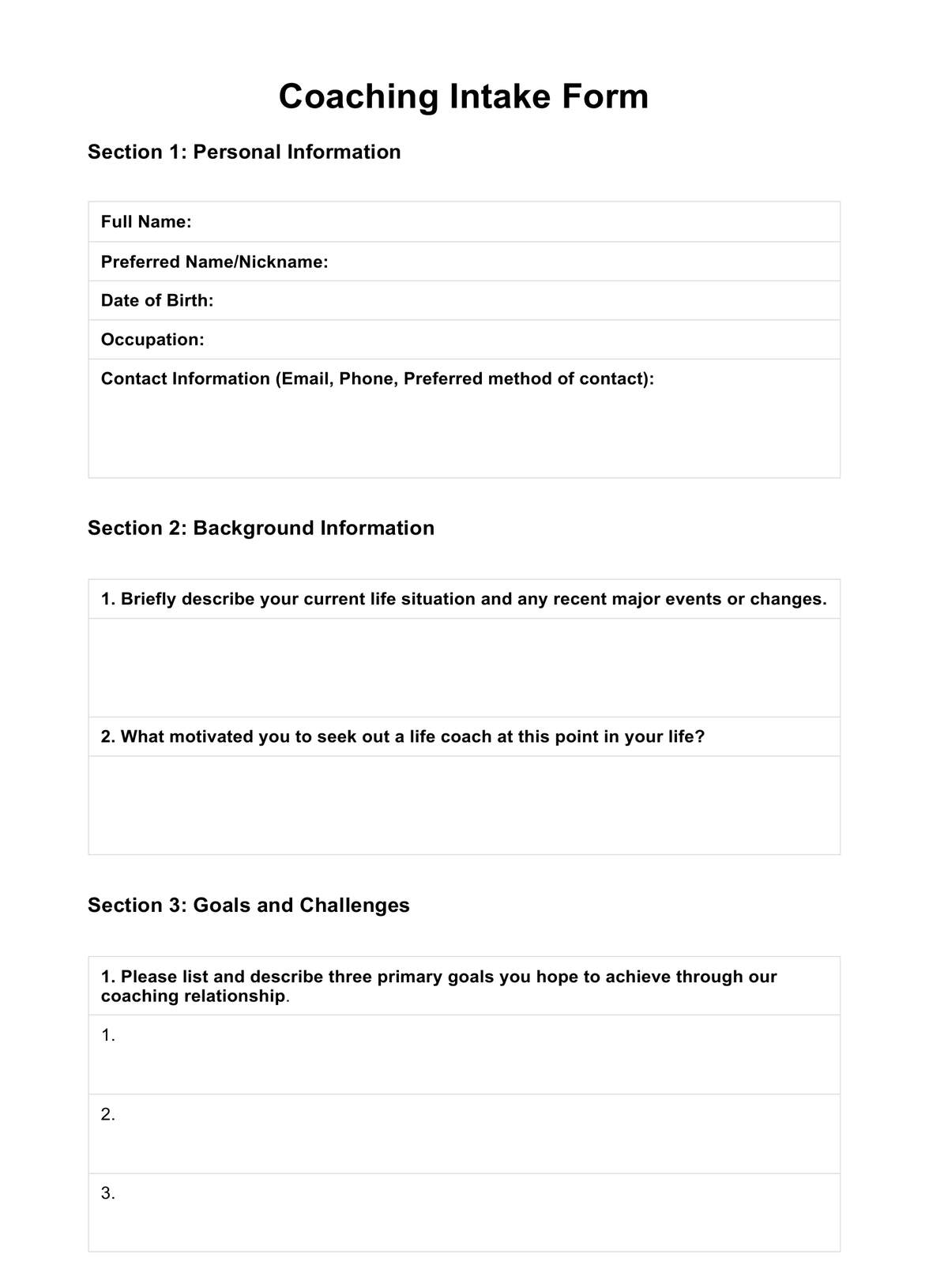 Coaching Intake Forms PDF Example