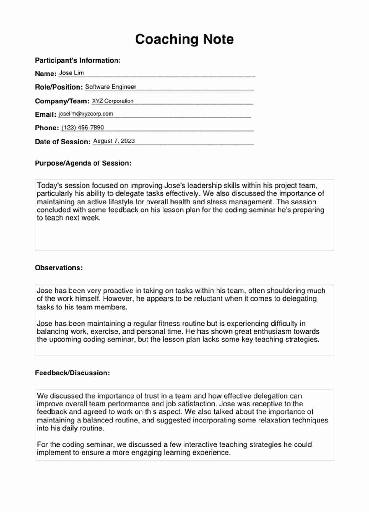 Coaching Note Templates PDF Example