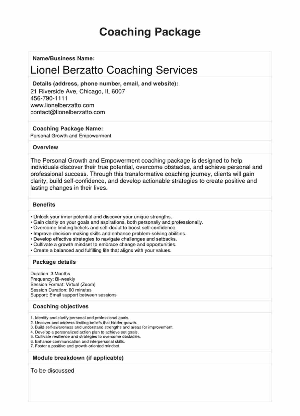 Coaching Package Template PDF Example