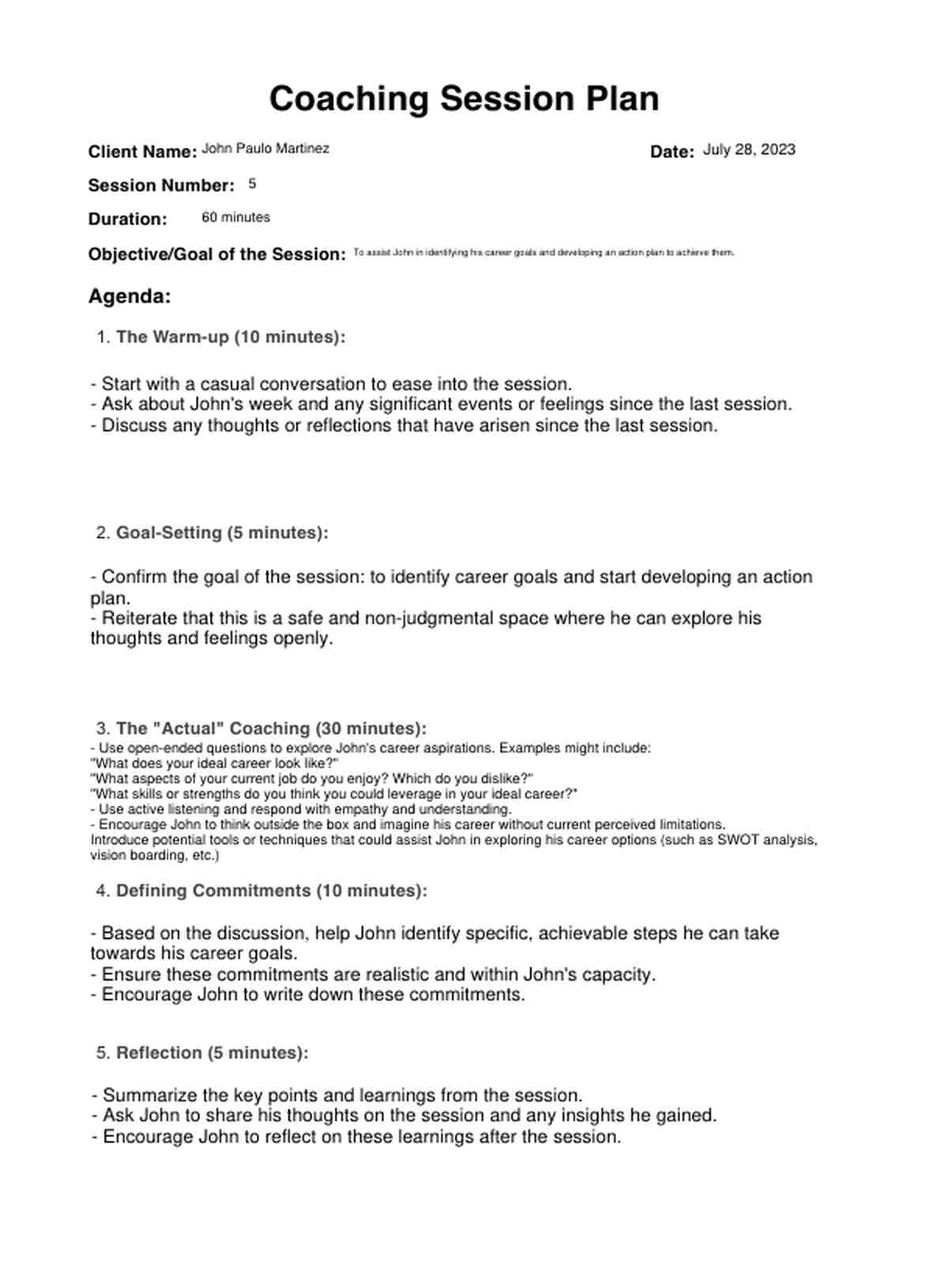Coaching Session Plan PDF Example