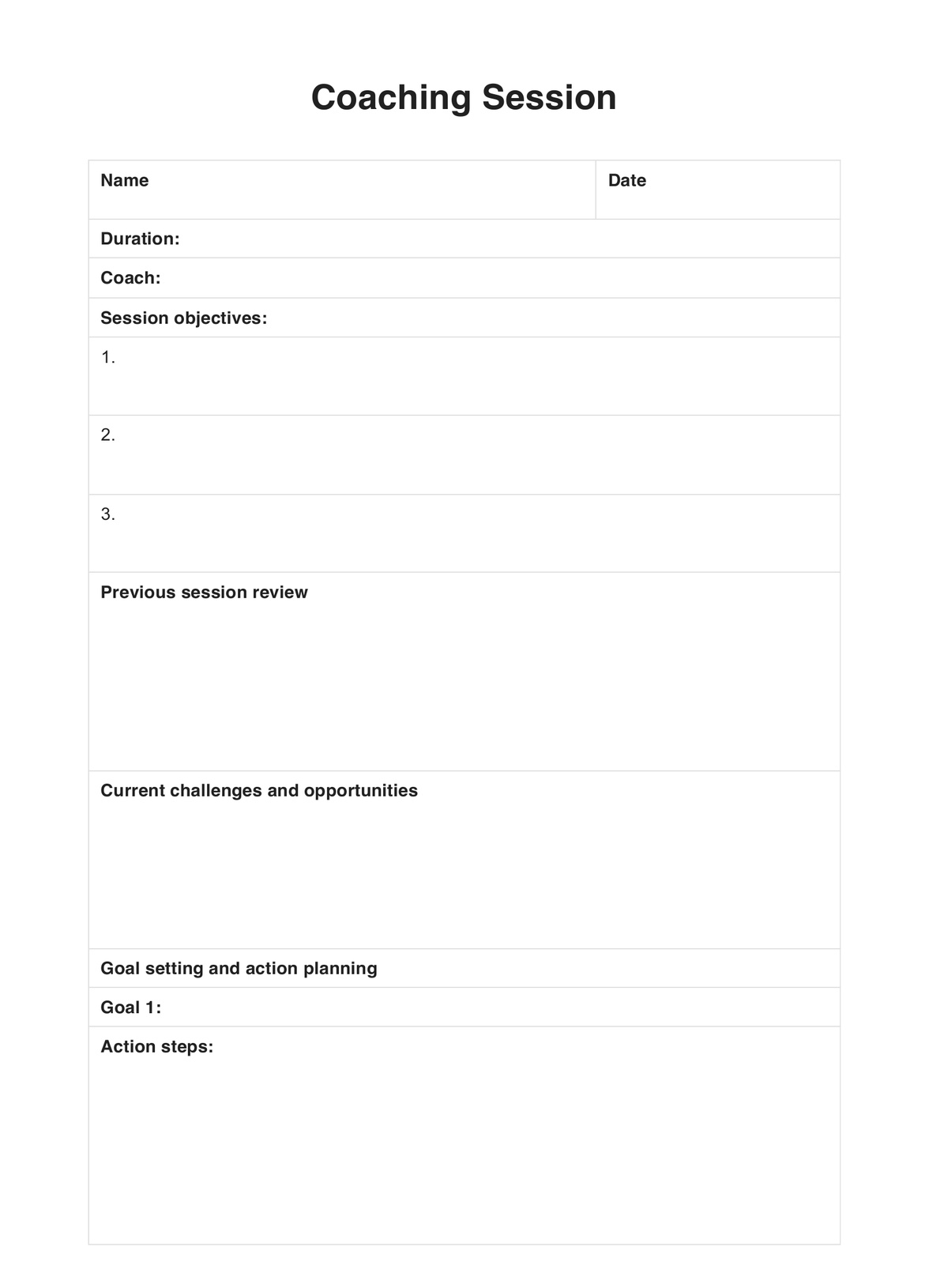 Coaching Session Templates PDF Example