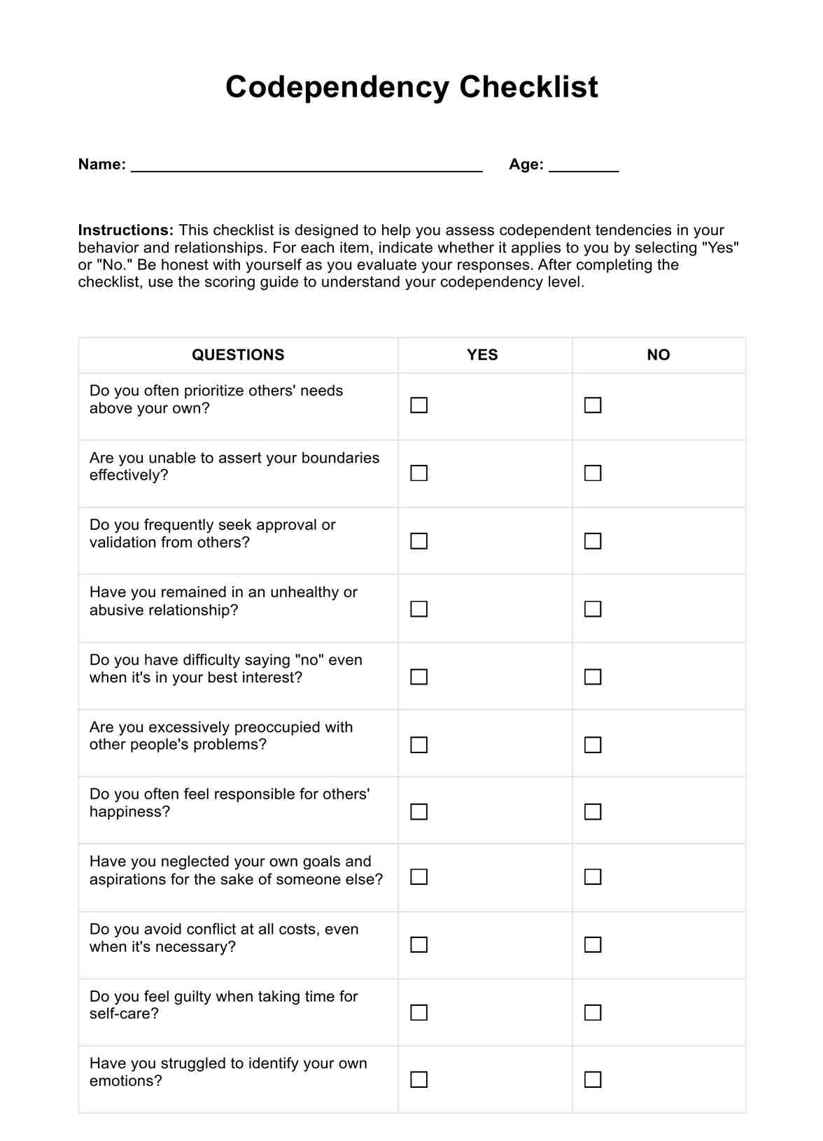 Codependency Checklists PDF Example