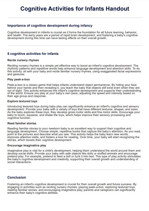 Cognitive Activities for Infants Handout PDF Example