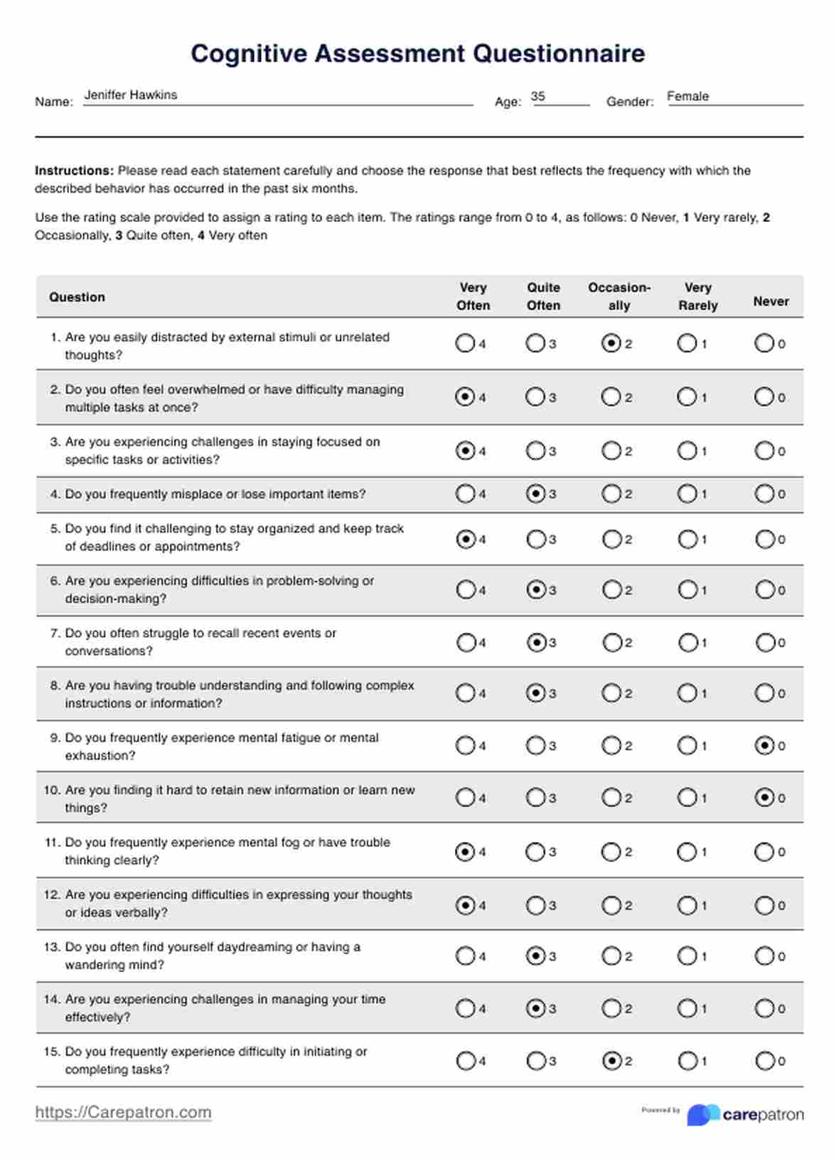 Cognitive Assessment Questionnaire PDF Example