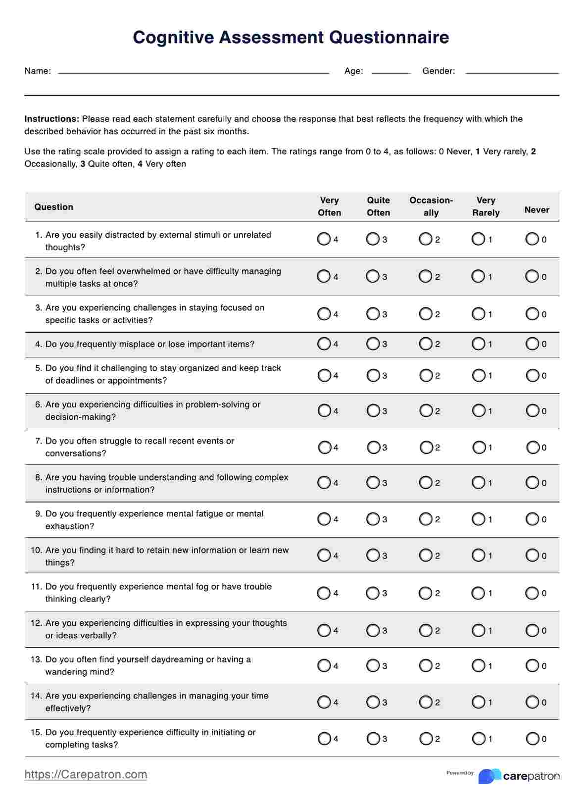 Cognitive Assessment Questionnaire PDF Example