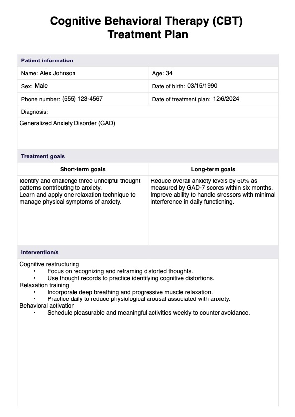 Plan de tratamiento de TCC (terapia cognitivo conductual) PDF Example