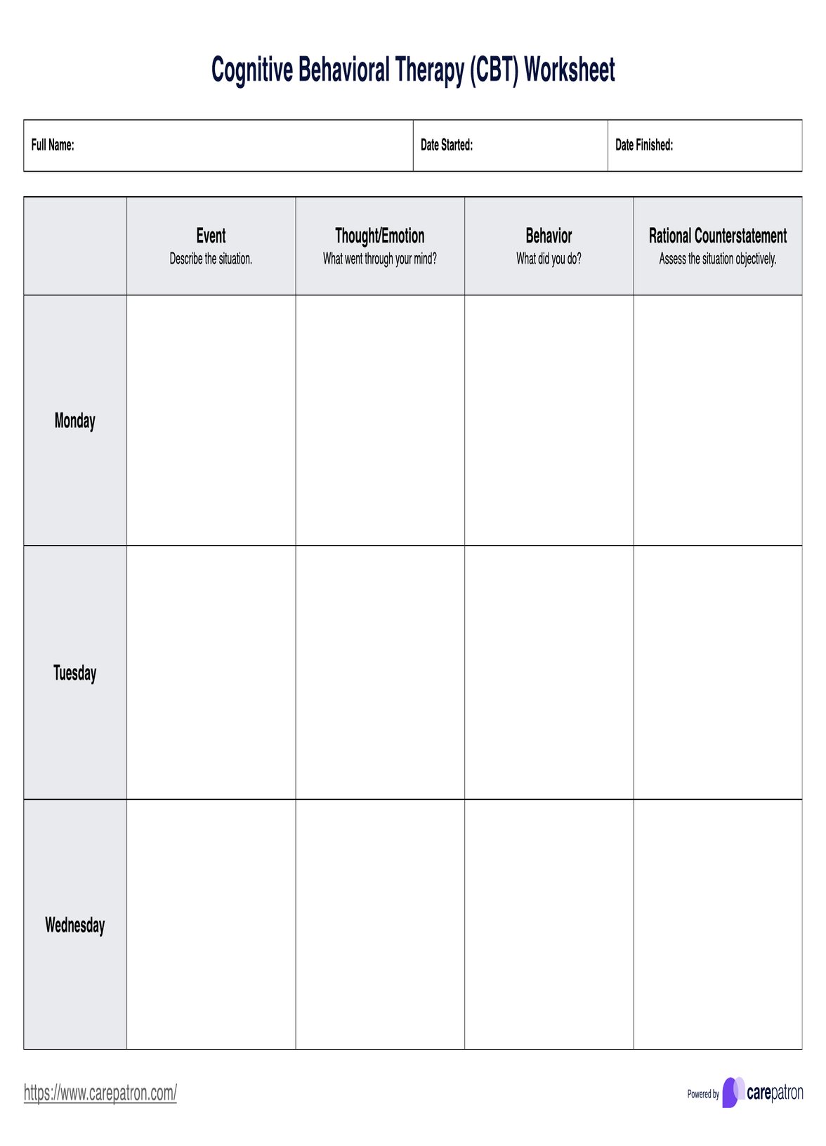 Cognitive Behavioral Therapy Worksheet Template PDF Example