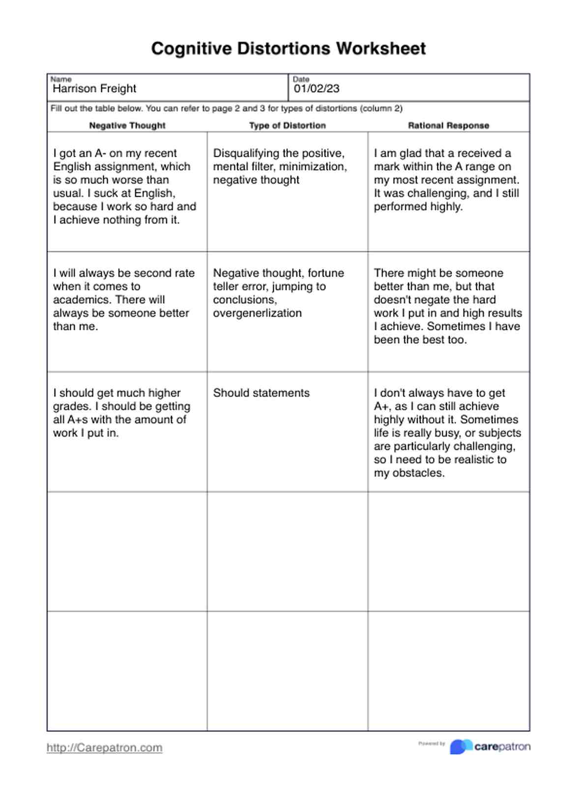 Cognitive Distortions Worksheets PDF Example