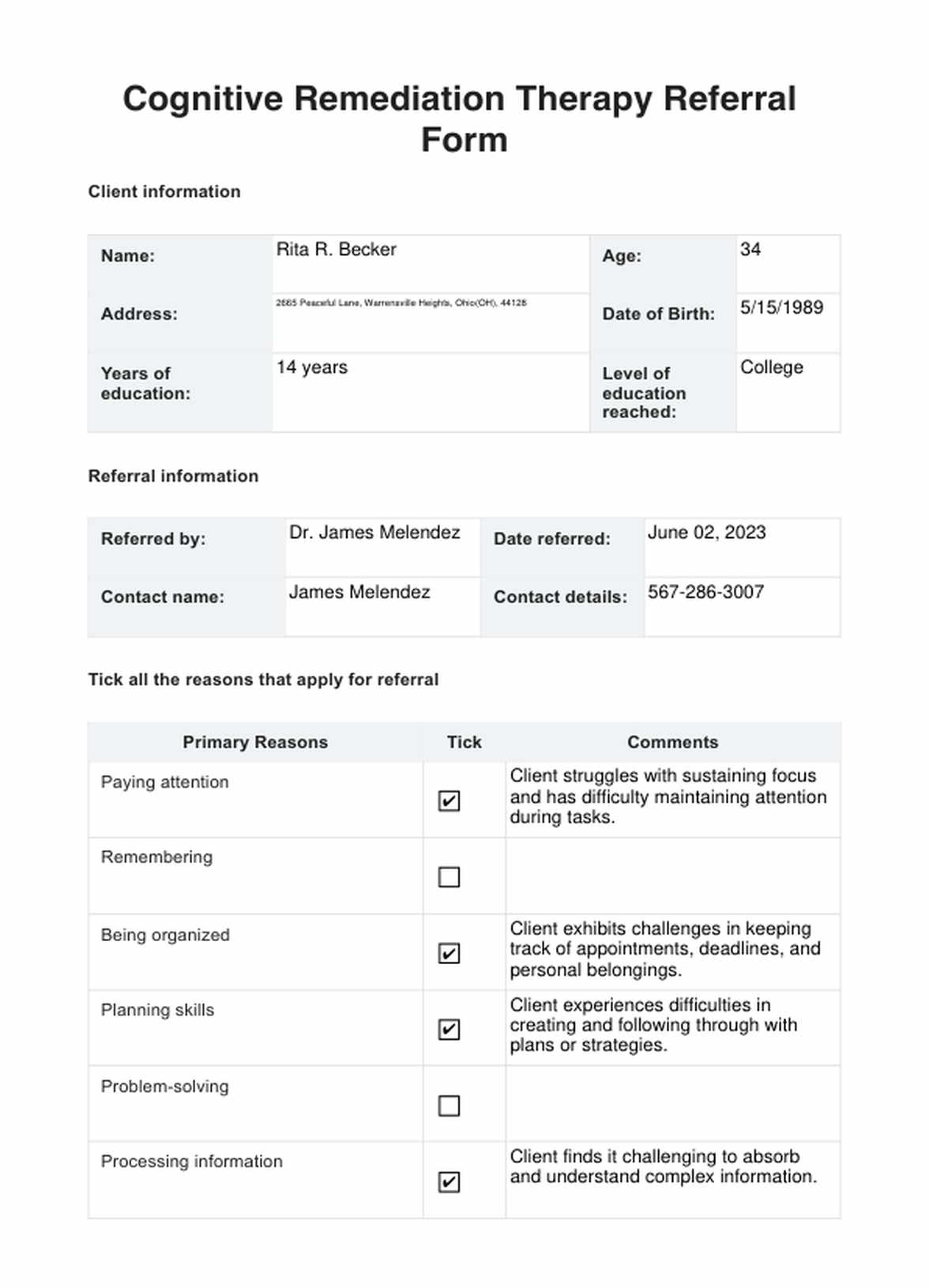 Cognitive Remediation Therapy Referral Form PDF Example
