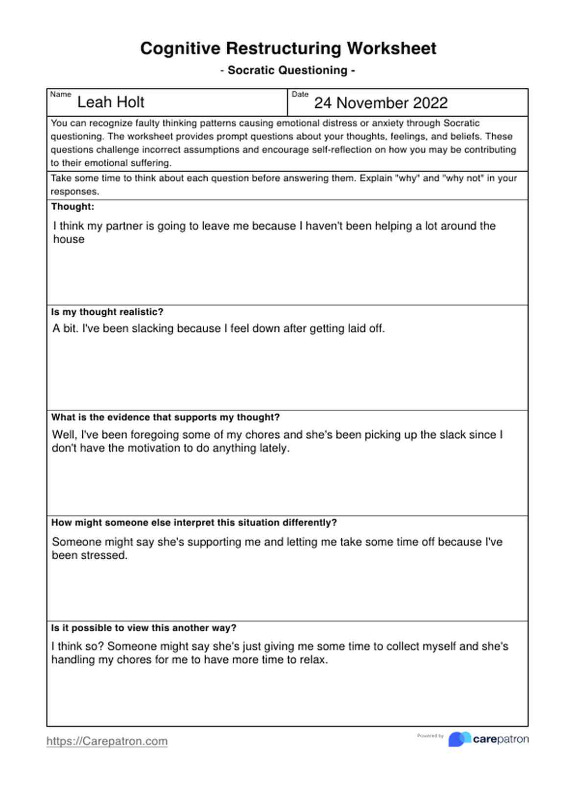 Cognitive Restructuring Worksheets PDF Example