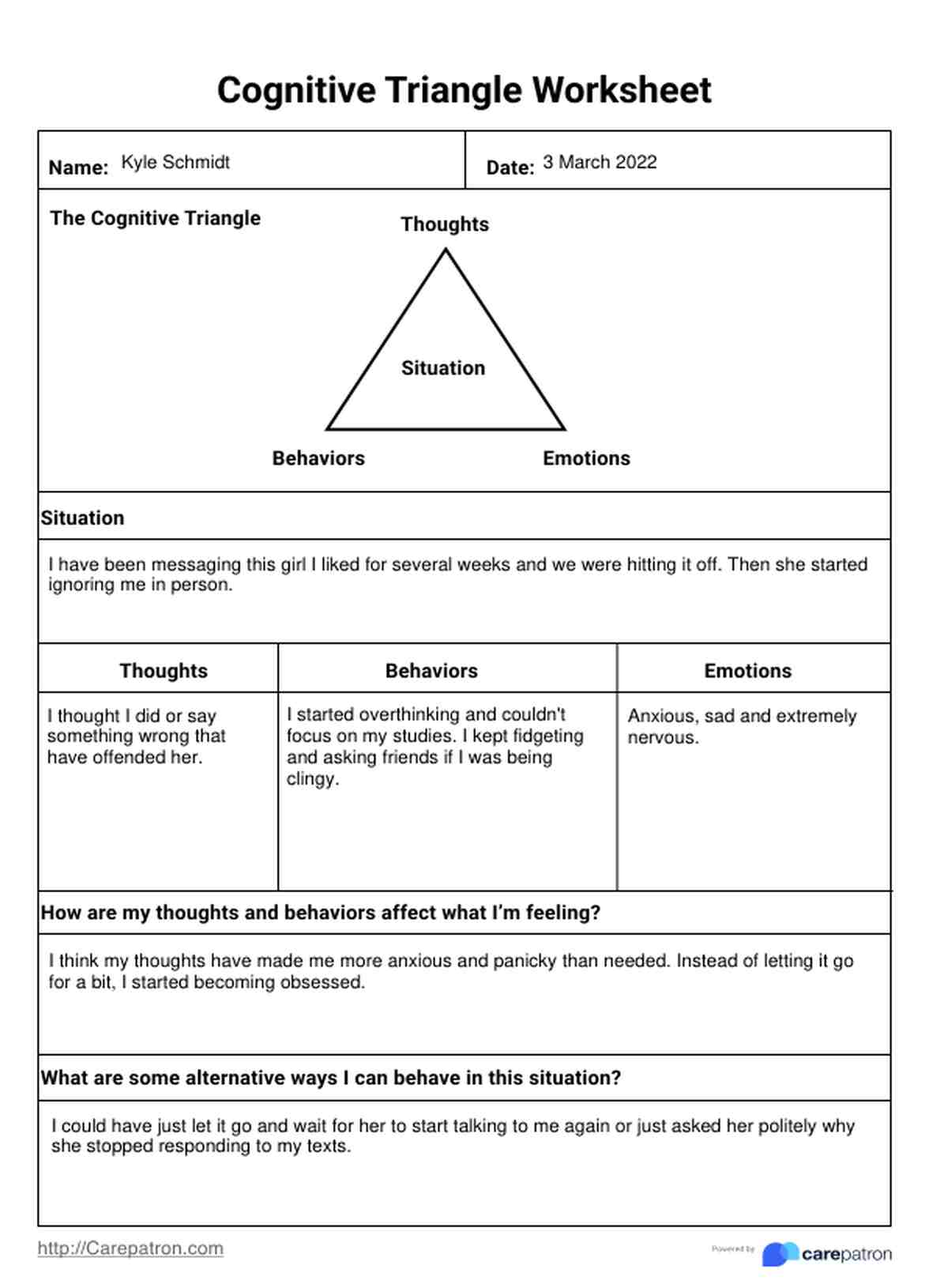 Cognitive Triangle Worksheet PDF Example