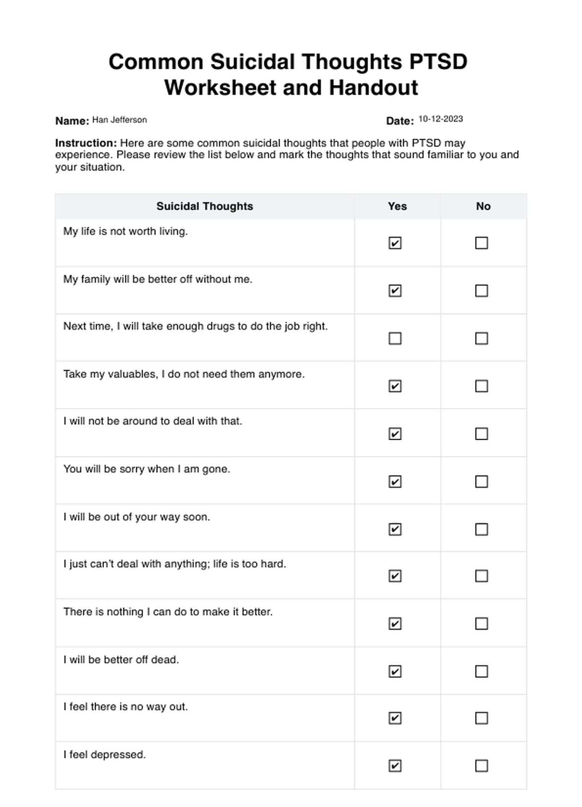 Common Suicidal Thoughts PTSD Worksheet and Handout PDF Example