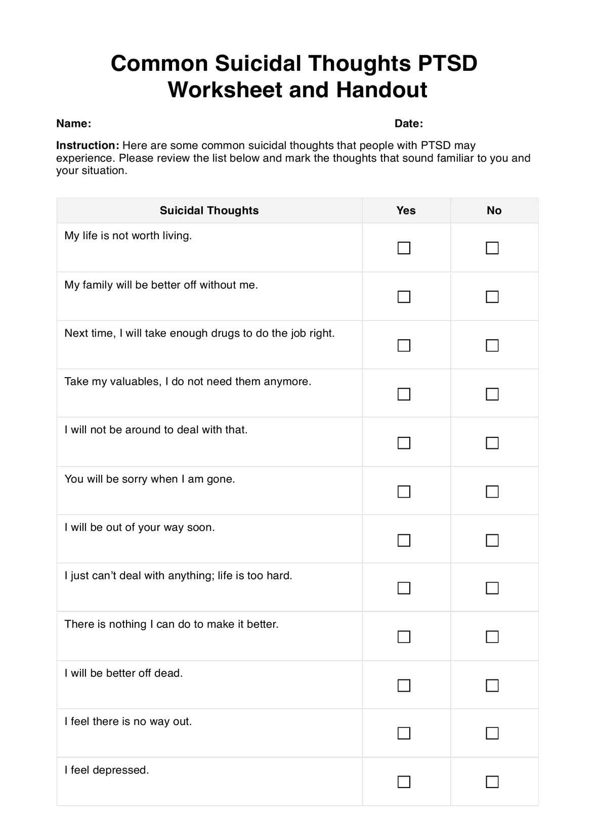 Common Suicidal Thoughts PTSD Worksheet and Handout PDF Example