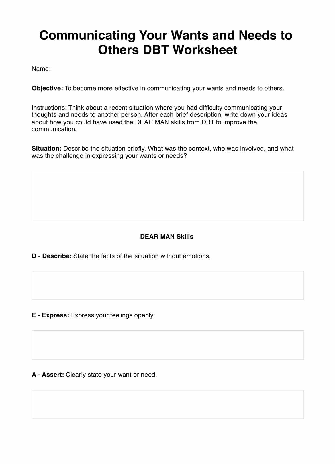Communicating Your Wants and Needs to Others DBT Worksheet PDF Example