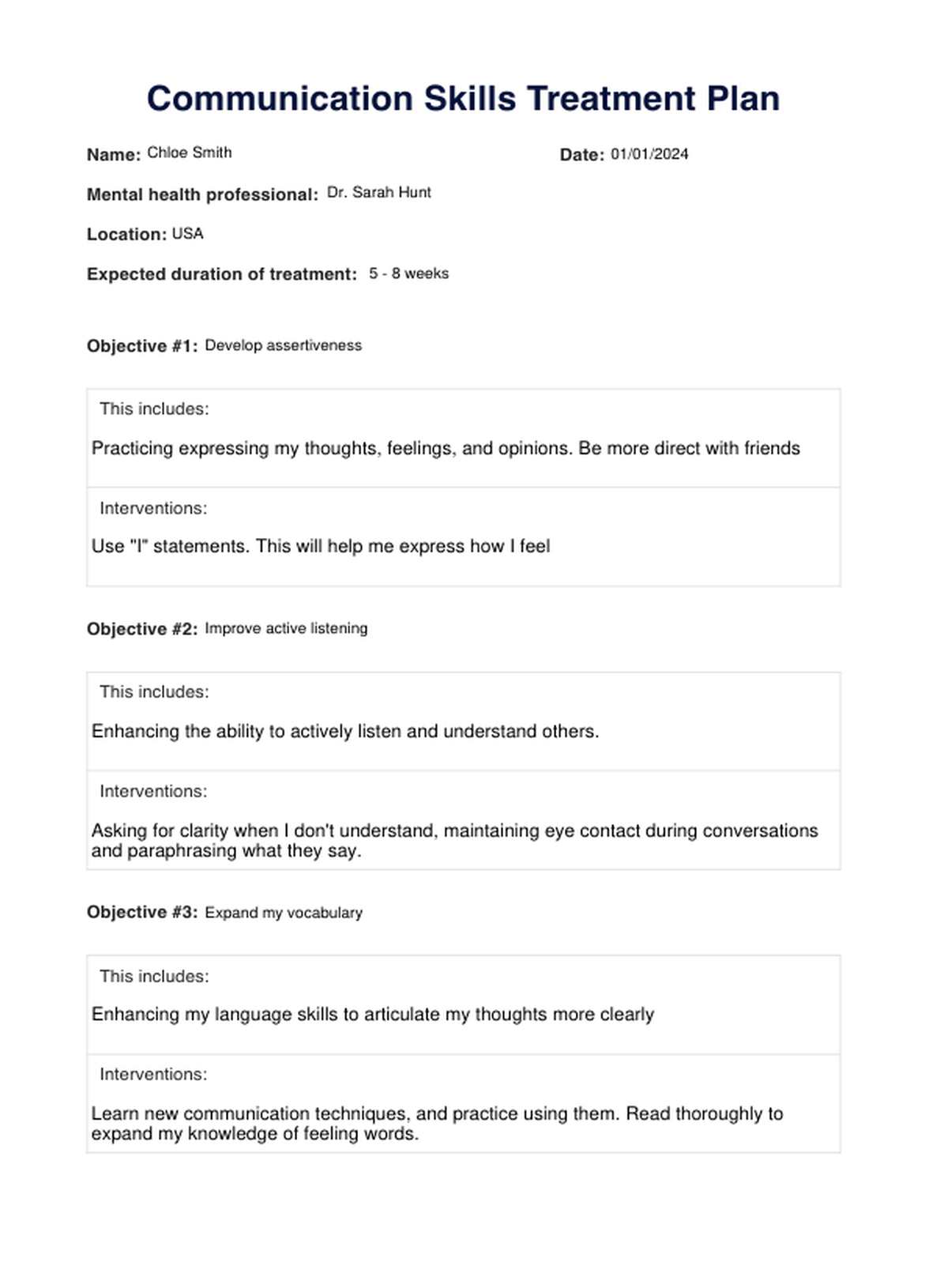 Communication Skills Treatment Plan PDF Example