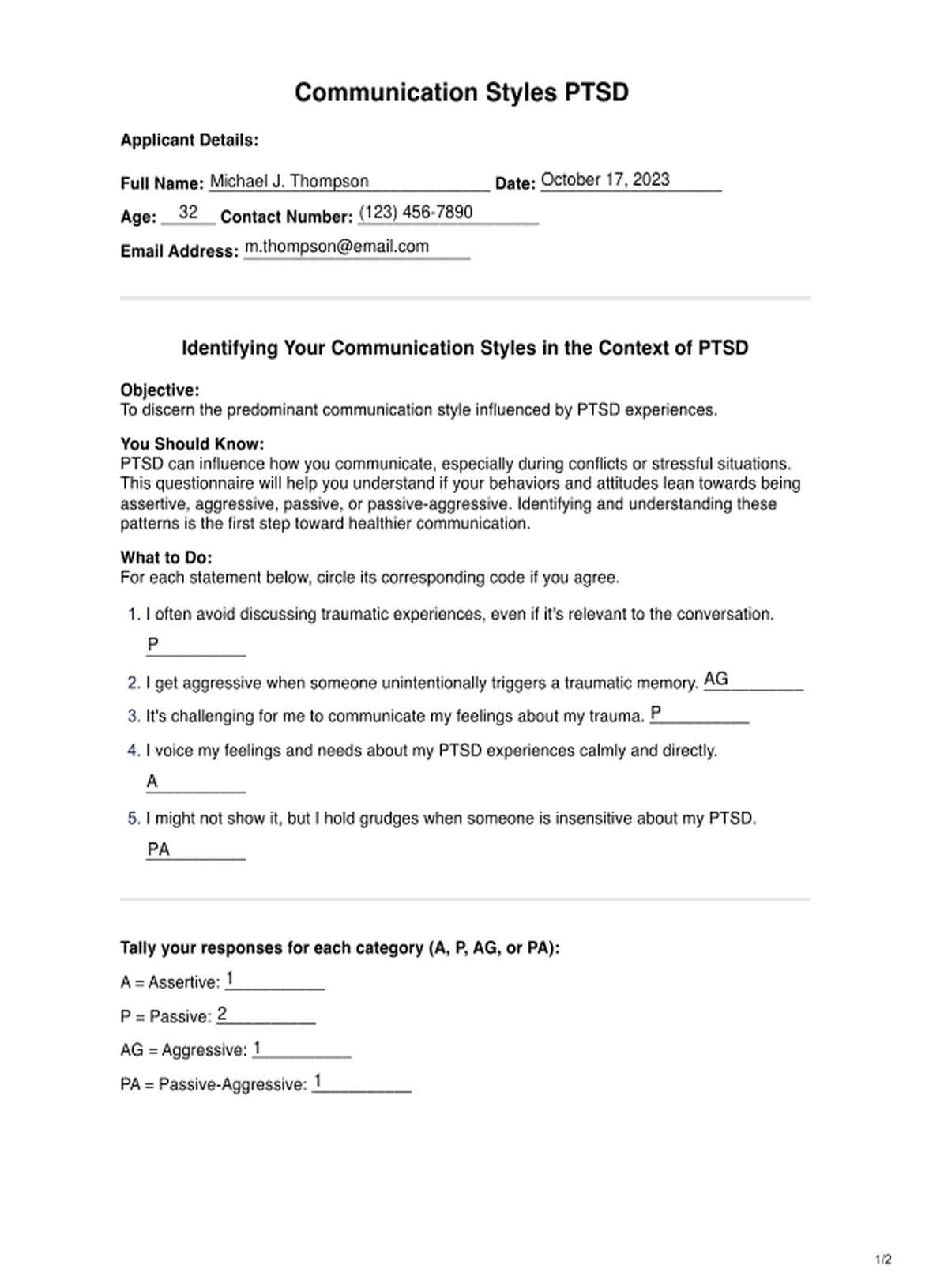 Communication Styles PTSD Worksheet PDF Example