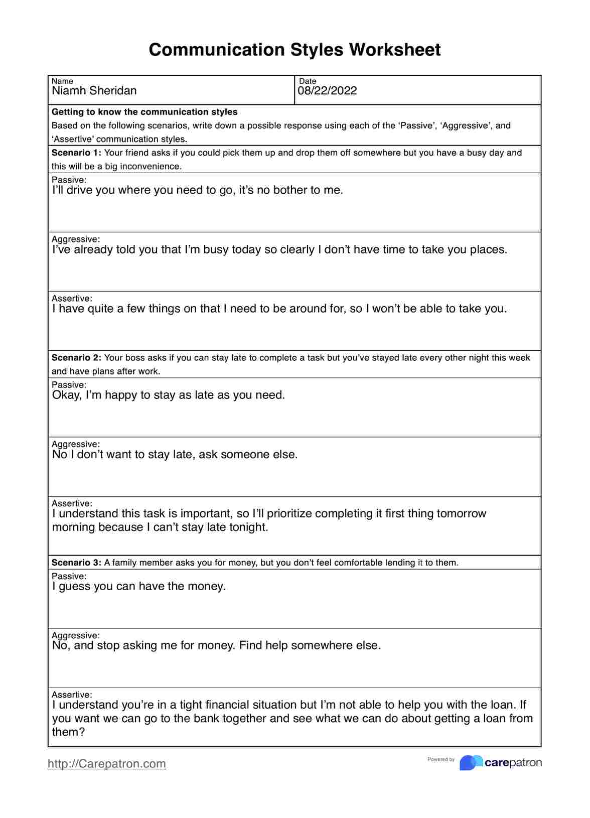 Communication Styles Worksheets PDF Example