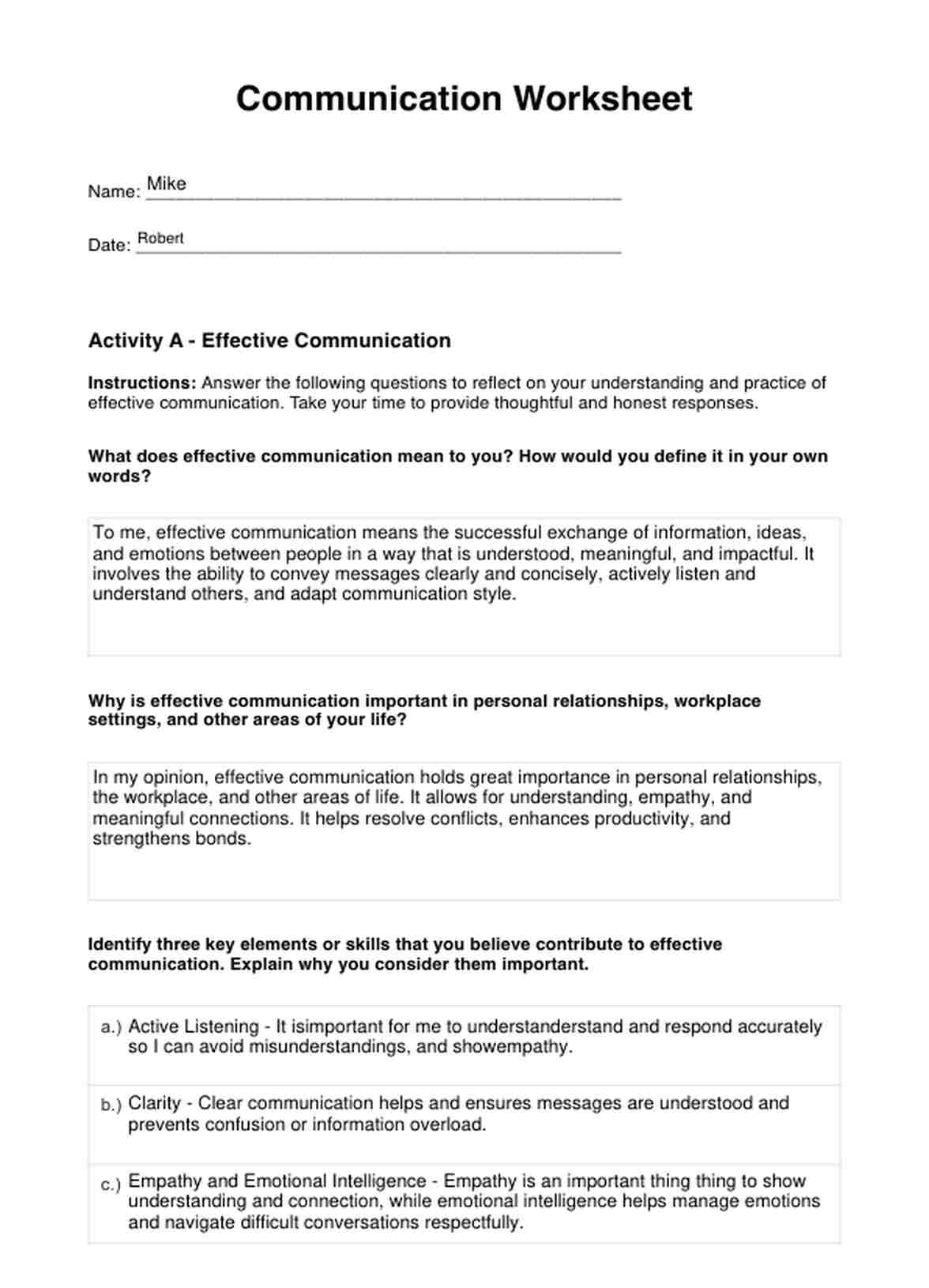 Hoja de Ejercicios de Comunicación PDF Example