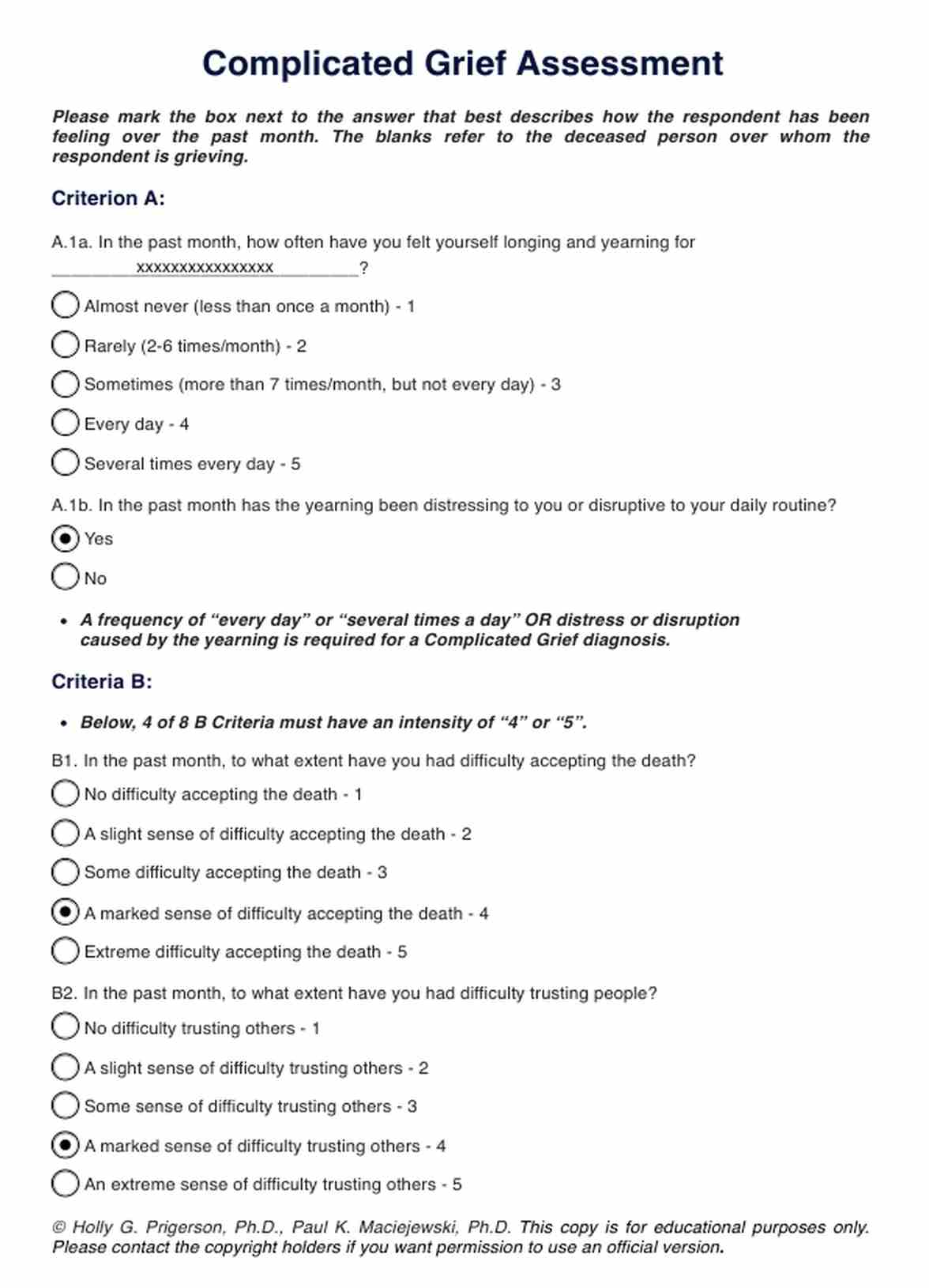 Complicated Grief Disorder Test PDF Example