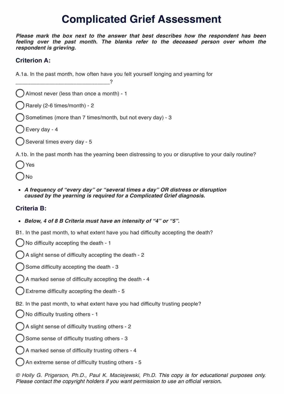 Complicated Grief Disorder Test PDF Example