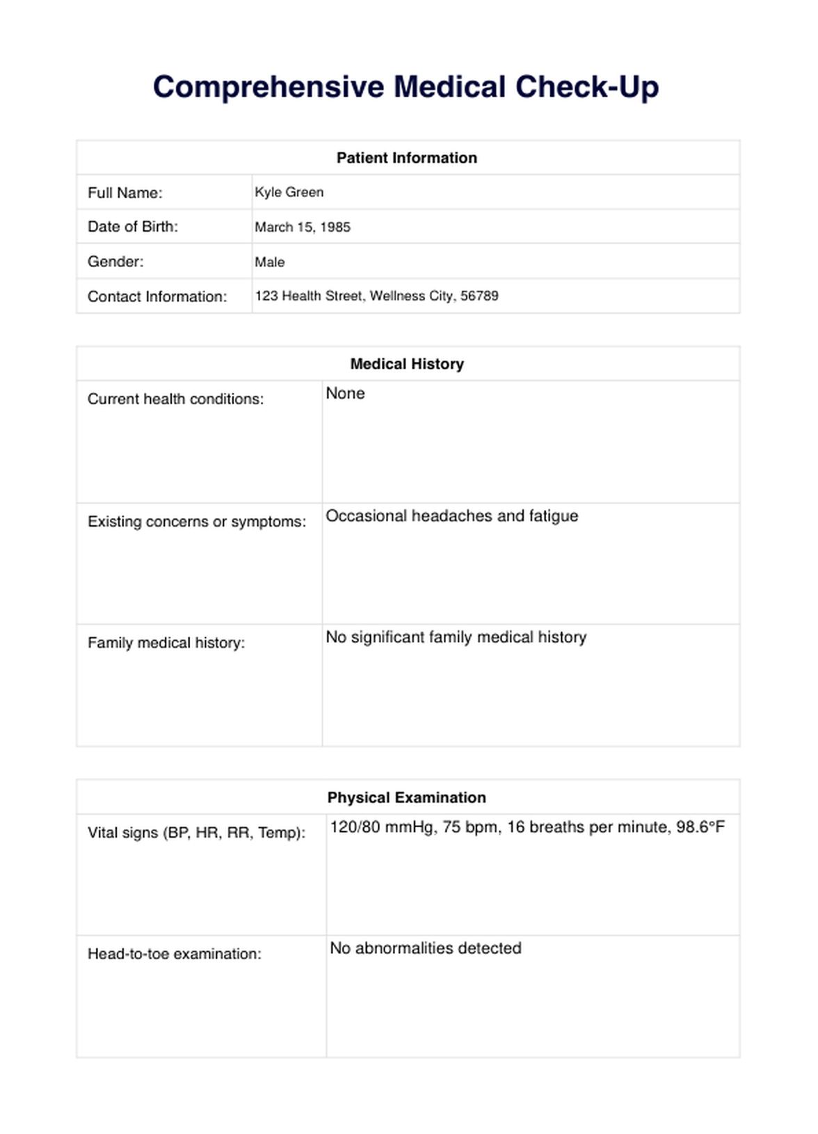 Comprehensive Medical Check Up PDF Example